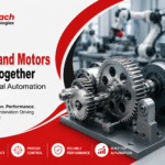 AutoMach Technologies promotional banner with gears and motor machinery on the right and bold headline about gears and motors working together in industrial automation on the left.