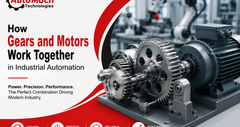 AutoMach Technologies promotional banner with gears and motor machinery on the right and bold headline about gears and motors working together in industrial automation on the left.