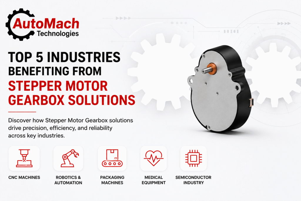 AutoMach Technologies hero: top 5 industries for stepper motor gearbox solutions with gear imagery.