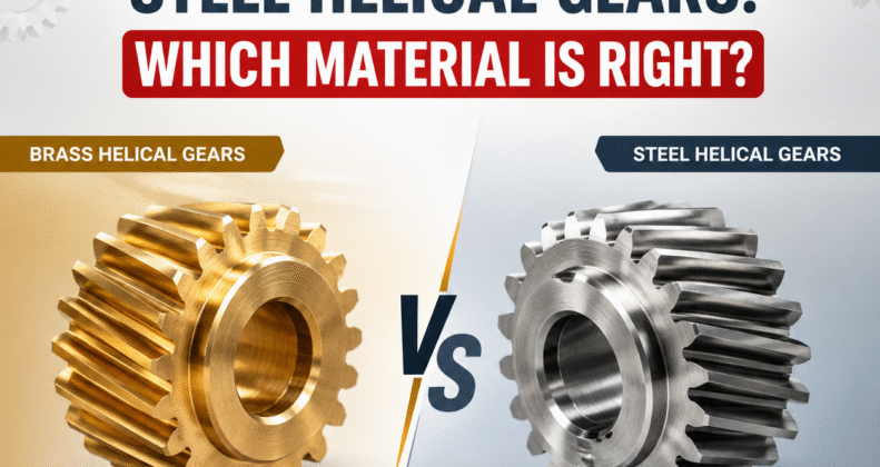 Infographic comparing brass vs steel helical gears, asking which material is right with gear images and feature icons at the bottom
