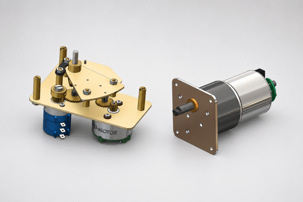 Two compact mechanical assemblies: a brass gear train with shafts and bolts on blue/green housings, and a silver cylindrical motor with brown mounting plate.