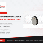 Promotional banner for AutoMach Technologies promoting stepper motor gearbox manufacturers in Pune with logo, checklist and gear illustration.