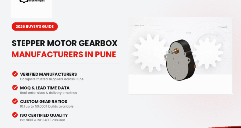 Promotional banner for AutoMach Technologies promoting stepper motor gearbox manufacturers in Pune with logo, checklist and gear illustration.