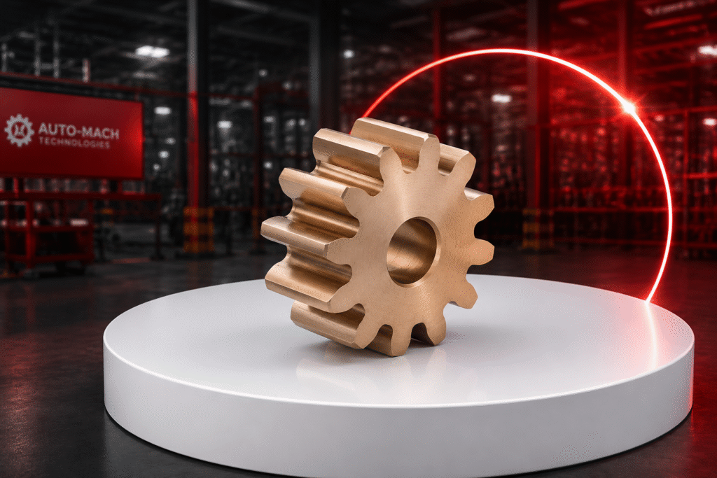 Bronze gear on a white circular pedestal in a dim industrial setting with a red neon arc in the background and an Auto-Mach Technologies sign to the left, conveying industrial machining prowess.