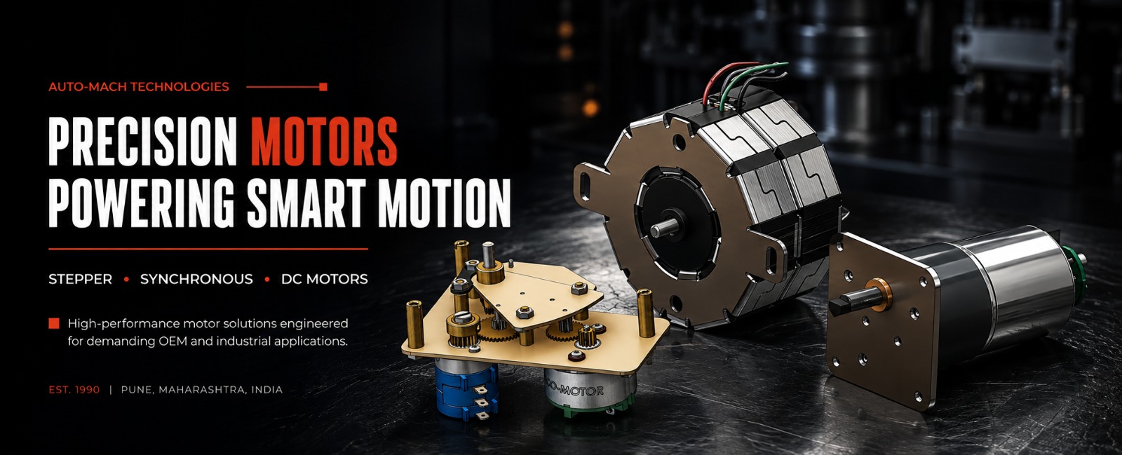 Hero banner showing precision motors and gear assemblies on a dark workshop surface, with bold text readout.