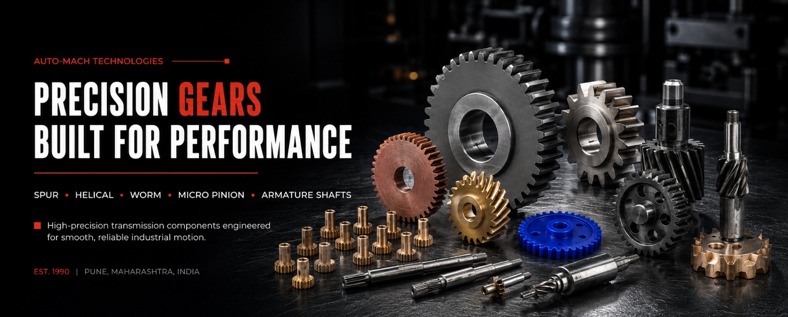 Bold left-aligned slogan reading 'PRECISION GEARS BUILT FOR PERFORMANCE' with red accent 'GEARS' and Auto-Mach Technologies logo on a dark industrial background, plus assorted gears on the right.