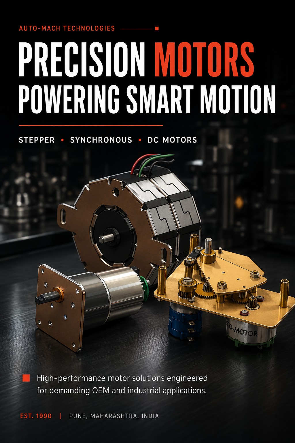 Promotional banner for Auto-Mach Technologies with the headline 'PRECISION MOTORS' and a large industrial motor assembly in the foreground.