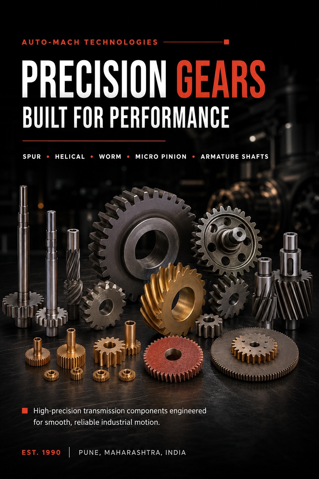 Assorted metal gears and shafts arranged on a dark surface beneath a bold poster that reads 'PRECISION GEARS BUILT FOR PERFORMANCE'.
